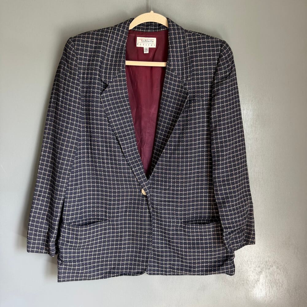 Vintage 90's TALBOTS Women's 14P Blue Thatched Tweed Lightweight Blazer Retro
